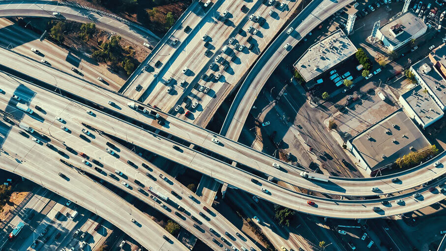 An aerial view of a busy highway exchange.