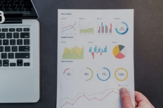 Laptop computer overhead photo with a hand holding a paper with 13 graphs and charts.