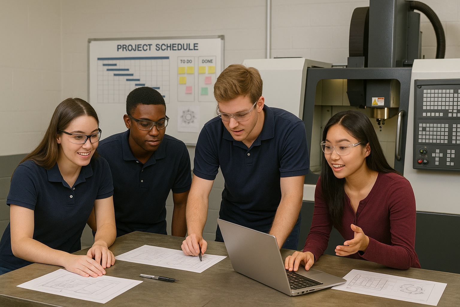 Four students wearing safety glasses collaborate around a laptop and engineering drawings in a workshop setting.